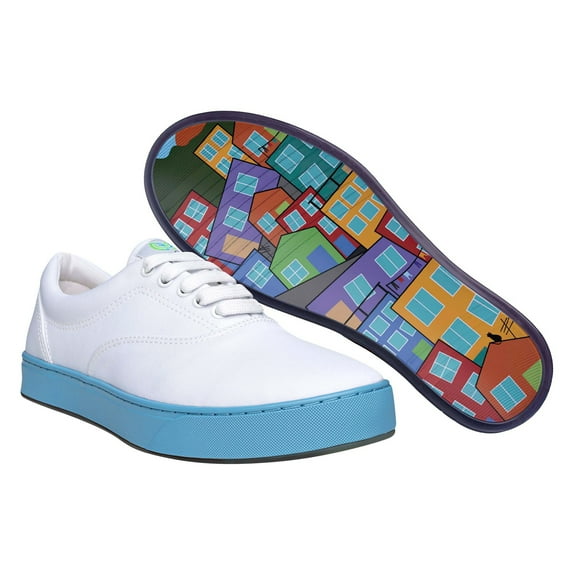 MaCae Unisex Canvas Lace Up Fashion Shoe With Unique Sole, Canvas Tennis Shoes, Office Shoes, Shoes for Teens- White Colored Band Blue/Favela View, 4M/6W