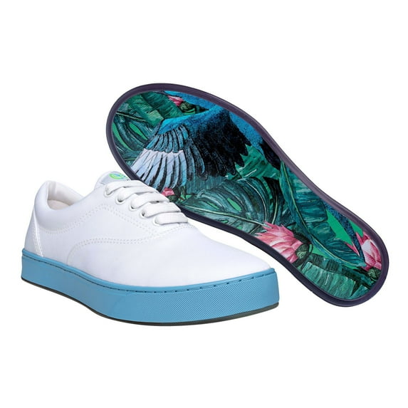 MaCae Unisex Canvas Lace Up Fashion Shoe With Unique Sole, Comfy Sneakers, Fashion Sneakers, Canvas Shoes, Casual Sneakers- White Colored Band Blue/Blue Macaws, 7M/9W
