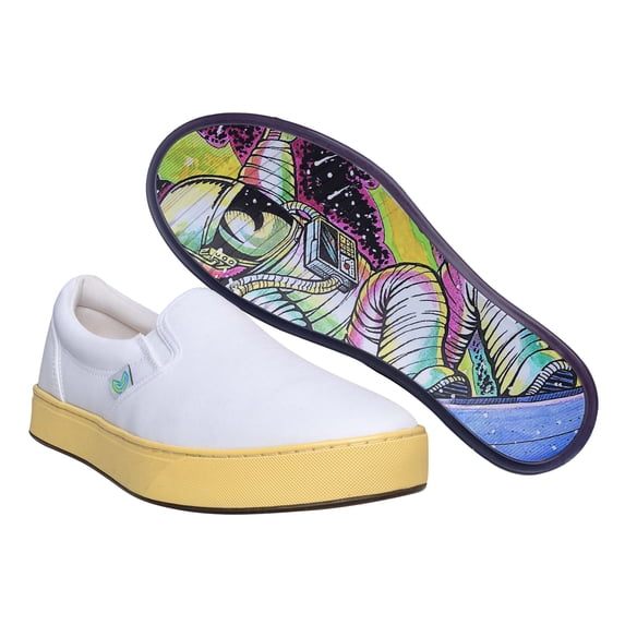 MaCae Unisex Canvas Slip On Fashion Shoe With Unique Sole, Comfy Sneakers, Canvas Slip On Sneakers, Travel Shoes, Casual Work Shoes - White Colored Band Yellow/Cosmic Snowboarder, 11M/12W