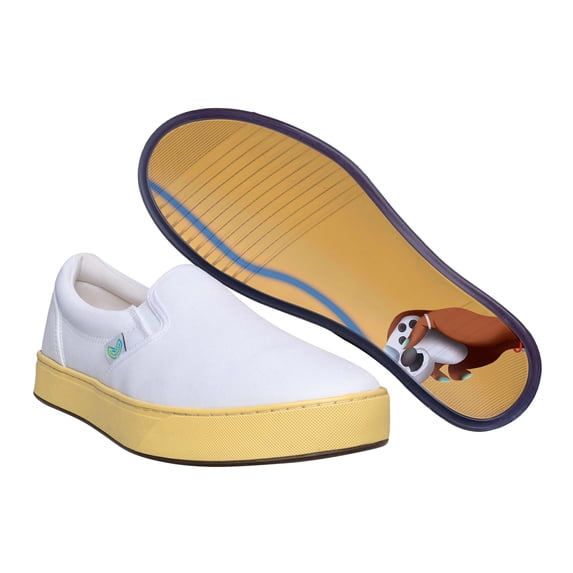 MaCae Unisex Canvas Slip On Fashion Shoe With Unique Sole, Slip On Shoes, Business Casual Shoes, Canvas Low Top Sneakers - White Colored Band Yellow/Joy Stick, 6M/8W