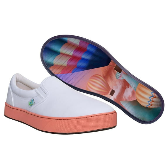 MaCae Unisex Canvas Slip On Fashion Shoe With Unique Sole, Travel Shoes, Casual Work Shoes, Canvas Slip On Sneakers, Comfy Sneakers - White Colored Band Pink/Balloons, 6M/8W