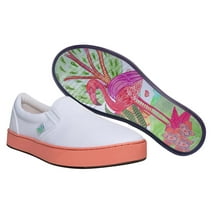 MaCae Unisex Canvas Slip On Fashion Shoe With Unique Sole, Comfy Sneakers, Casual Work Shoes, Canvas Slip On Sneakers, Travel Shoes - White Colored Band Pink/Flamingo, 7M/9W