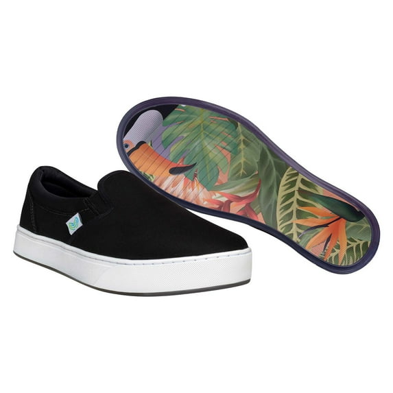 MaCae Unisex Canvas Slip On Fashion Shoe With Unique Sole, Comfy Sneakers, Travel Shoes, Canvas Slip On Sneakers, Casual Work Shoes - Black/Toucans, 5M/7W