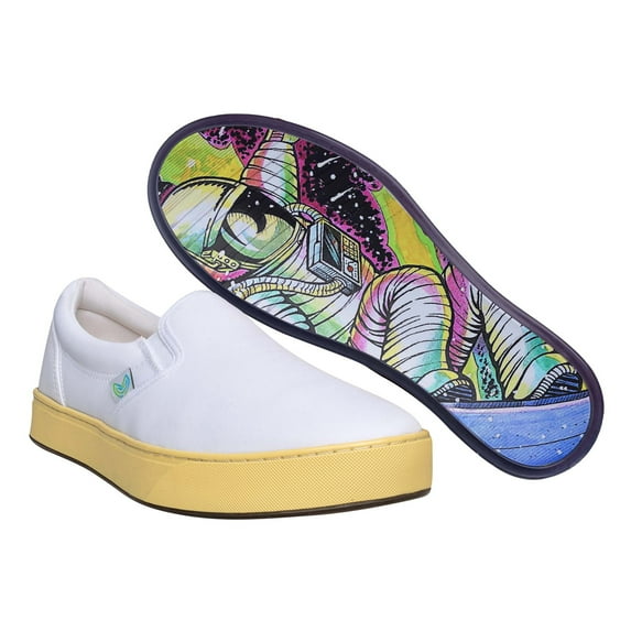 MaCae Unisex Canvas Slip On Fashion Shoe With Unique Sole, Canvas Low Top Sneakers, Slip On Shoes, Business Casual Shoes, Fashion Sneaker - White Colored Band Yellow/Cosmic Snowboarder, 9M/10W