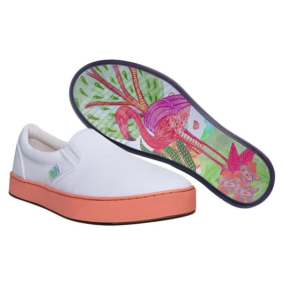MaCae Unisex Canvas Slip On Fashion Shoe With Unique Sole, Canvas Slip On Sneakers, Travel Shoes, Casual Work Shoes, Comfy Sneakers - White Colored Band Pink/Flamingo, 4M/6W