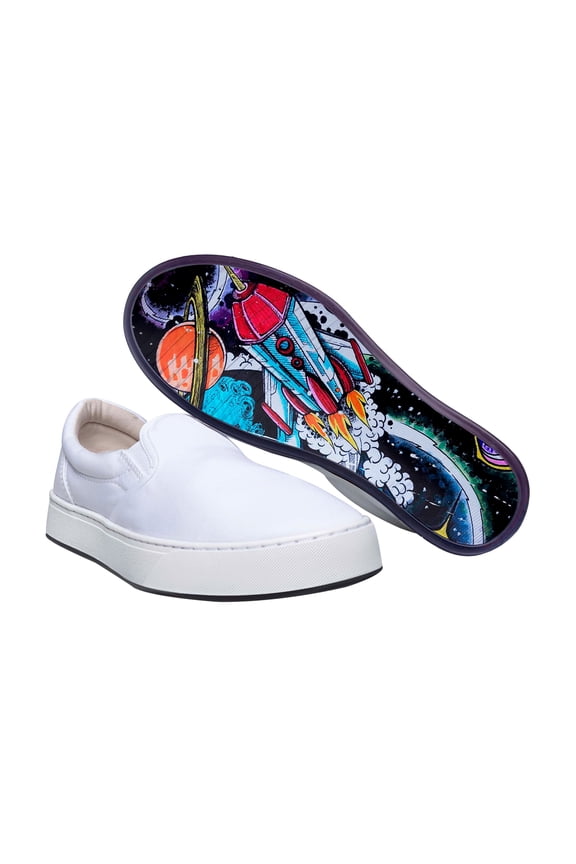 Unisex Canvas Slip On Fashion Shoe With Unique Sole, Slip On Tennis Shoes, Skateboard Shoes, Cute Shoes, Slip On Sneakers, Canvas Shoes - White/Skull Rocket, 5M/7W