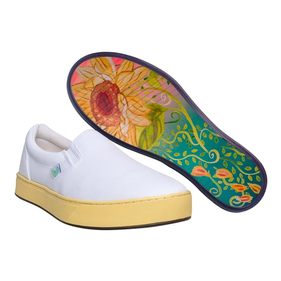 MaCae Unisex Canvas Slip On Fashion Shoe With Unique Sole, Travel Shoes, Casual Work Shoes, Comfy Sneakers, Canvas Slip On Sneakers - White Colored Band Yellow/Beija Flor, 6M/8W