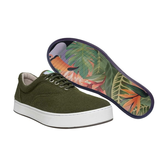 MaCae Unisex Wool Lace Up Fashion Shoe With Unique Sole, Fall Shoes, Footwear, Summer Shoes, Cute Shoes, Casual Shoes, Wool Shoes, Lace Sneakers - Olive Green/Toucans, 8M/9.5W
