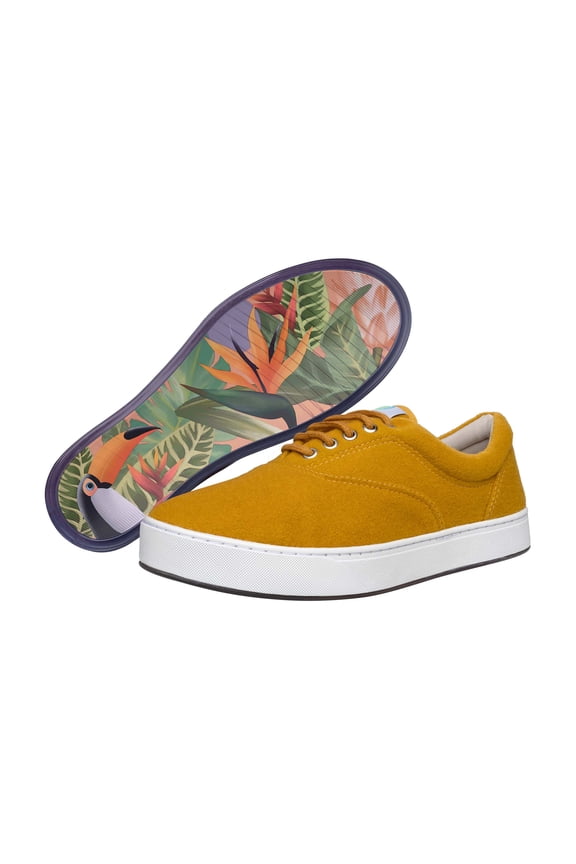 Unisex Wool Lace Up Fashion Shoe With Unique Sole, Travel Shoes, Wool Shoes, Casual Work Shoes, Low Top Sneakers - Mustard Yellow/Toucans, 7M/9W