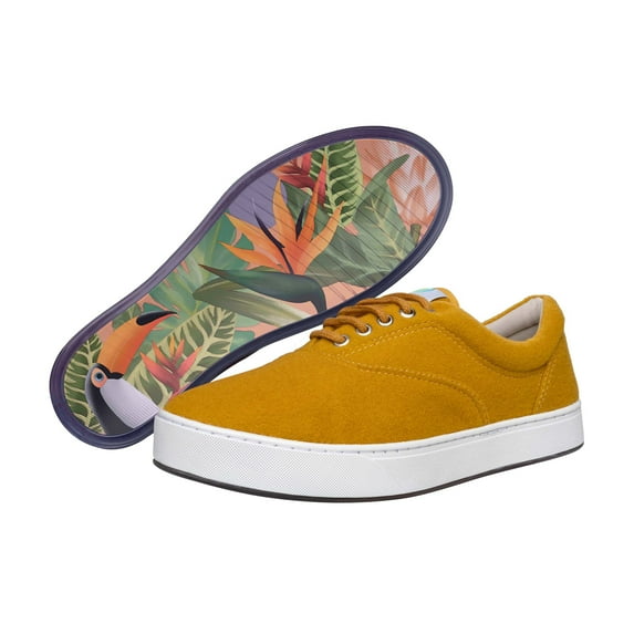MaCae Unisex Wool Lace Up Fashion Shoe With Unique Sole, Wool Shoes, Casual Work Shoes, Travel Shoes, Low Top Sneakers - Mustard Yellow/Toucans, 5M/7W