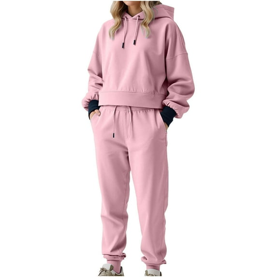 MaFYtyTPR 2 Piece Outfit Sweatsuit for Women Women's Winter Solid Color Long Sleeved Hooded Drawstring Pullover Top Pantsuit