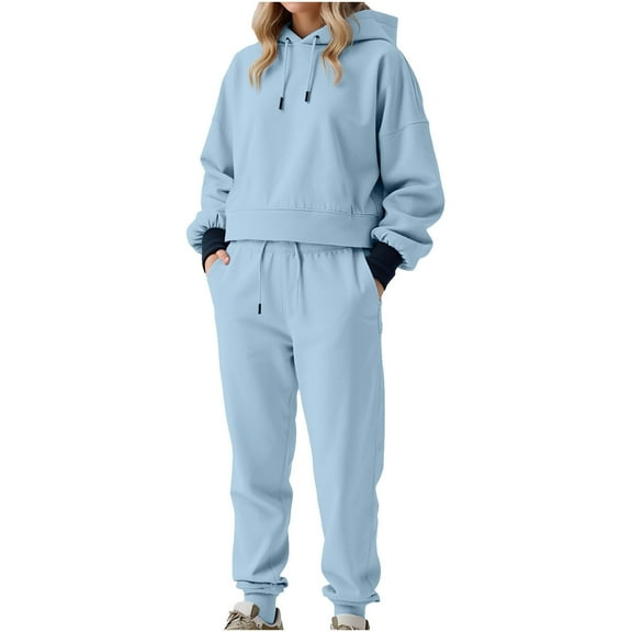 MaFYtyTPR 2 Piece Outfit Sweatsuit for Women Women's Winter Solid Color Long Sleeved Hooded Drawstring Pullover Top Pantsuit