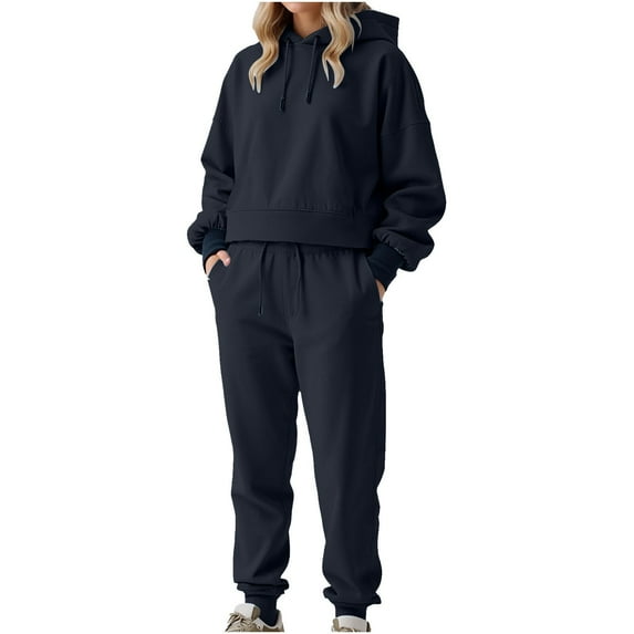 MaFYtyTPR 2 Piece Outfit Sweatsuit for Women Women's Winter Solid Color Long Sleeved Hooded Drawstring Pullover Top Pantsuit