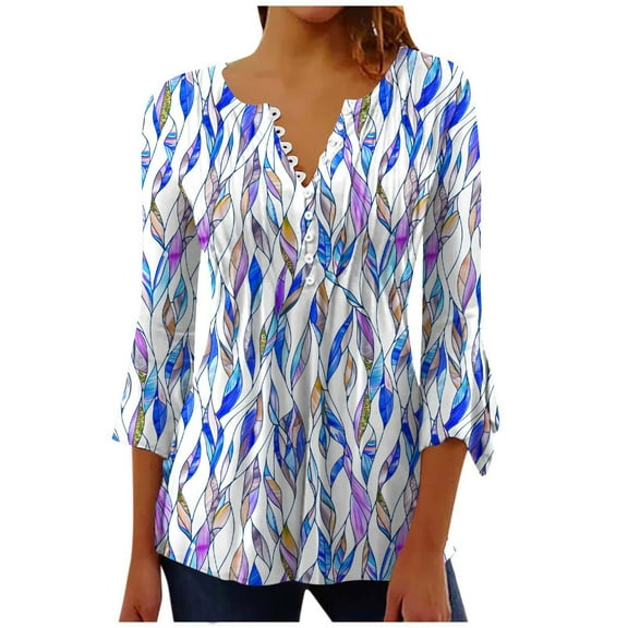 MaFYtyTPR 3/4 Sleeve Bloues for Women Fashion Female V-Neck Printing Loose Comfy Three-Quarter Sleeves Bloues