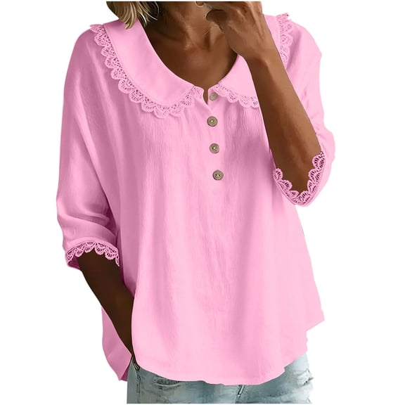 MaFYtyTPR 3/4 Sleeve Tops for Women Casual Loose Lace Trimmed Solid Color Button Lapel Collared Shirts Pink M