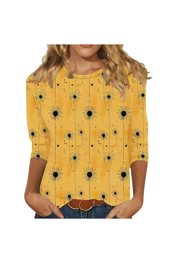 3/4 Sleeve Tops for Women Casual Trendy Printed Pullover Loose Round Neck Basic Blouse 2025 ZA-Yellow XL