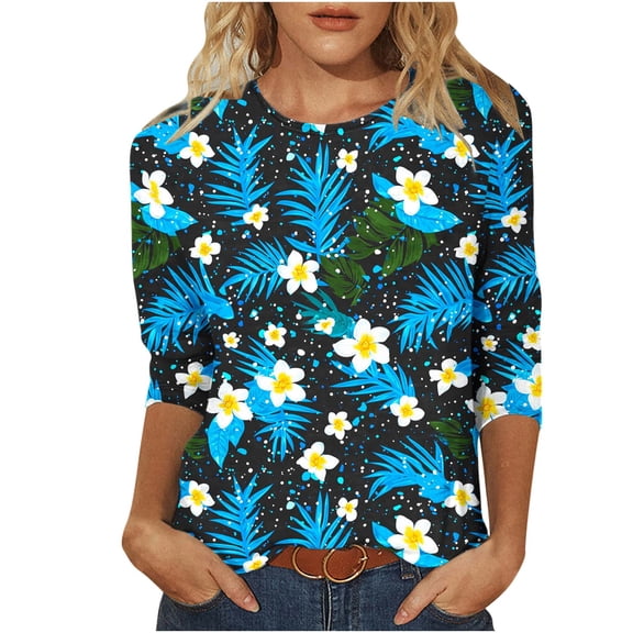 MaFYtyTPR 3/4 Sleeve Tops for Women Casual Trendy Printed Pullover Loose Round Neck Basic Blouse 2026 ZB-Mint Green XXXXL
