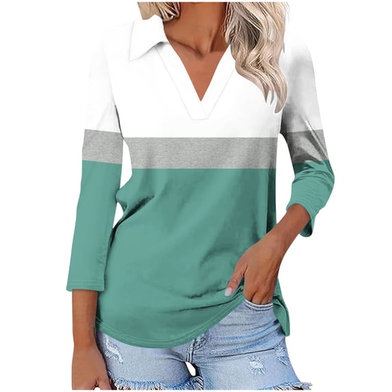 MaFYtyTPR 3/4 Sleeve Tops for Women Fashion Color Matching Lapel V-Neck Loose Three Quarter Sleeves Blouse Green L
