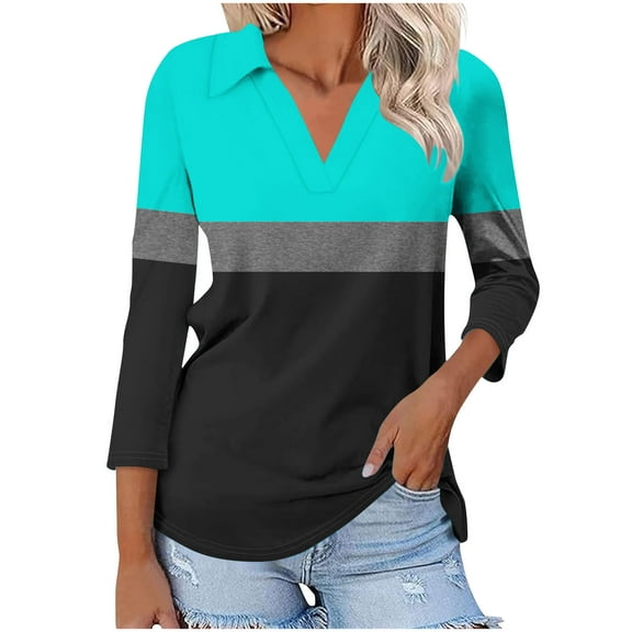 MaFYtyTPR 3/4 Sleeve Tops for Women Fashion Color Matching Lapel V-Neck Loose Three Quarter Sleeves Blouse Sky Blue XL