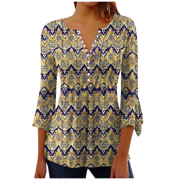 MaFYtyTPR 3/4 Sleeve Tops for Women Fashion Female V-Neck Printing Button Loose Comfy Three-Quarter Sleeves Bloues
