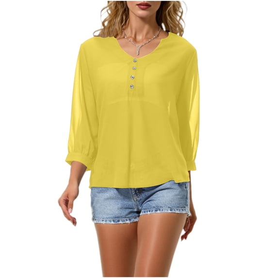 MaFYtyTPR 3/4 Sleeve Tops for Women Fashion Women's Casual Solid Color V-Neck Button Decoration Lightweight Mesh Blouses A-Yellow L