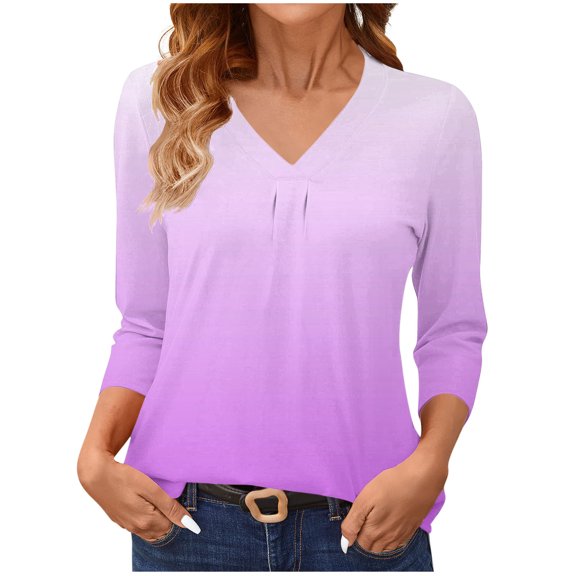 MaFYtyTPR 3/4 Sleeve Tops for Women Ladies' Fashionable Gradient Color Base T-shirt Three-quarter Sleeve V-neck Loose Top