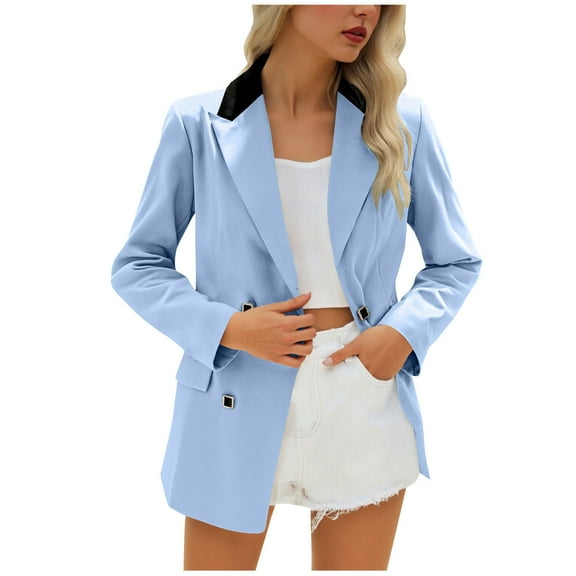 MaFYtyTPR Blazer for Women Women's Solid Long Sleeved Double Pocket Buttoned Turndown Collar Suit Jacket Sky Blue M