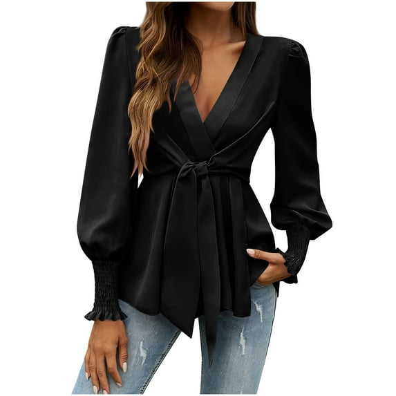 MaFYtyTPR Blouse for Women Trendy Solid Color Elegant V-neck Lace up Tunicl Long Sleeve Shirts Black L