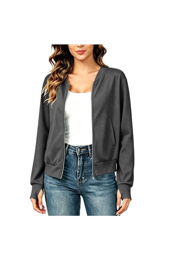 Women's Zip Up Cropped Sweatshirt Jacket Long Sleeve Casual Cardigan With Thumb Hole Cuffs And Side Pockets For Fall Winter Daily Wear A-Gray XXL