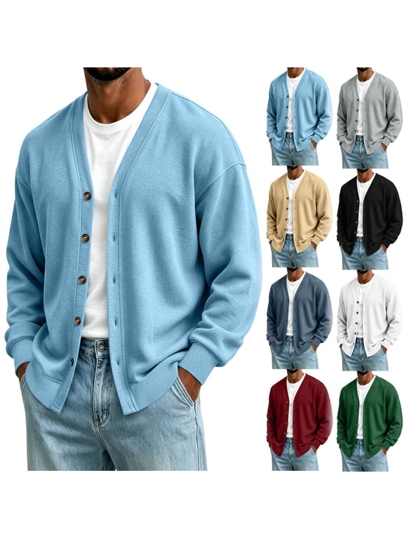 Cardigan Sweater for Men V-Neck Button Down Knit Sweaters Casual Relaxed Fit Fall Coat for Daily Wear Light Blue L