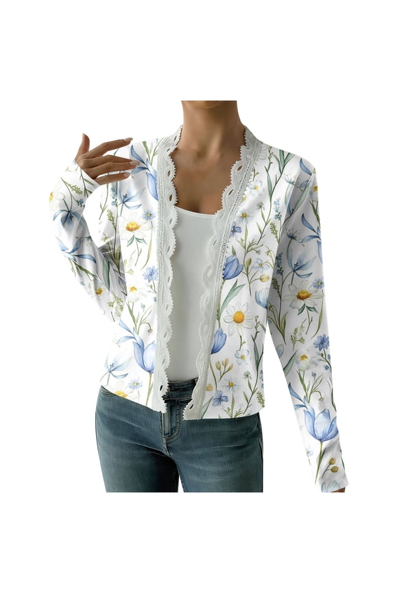 Cardigan Top for Women 2026 Trendy Long Sleeve Printed Knitted Lace Temperament Open Front Tops Multicolor L