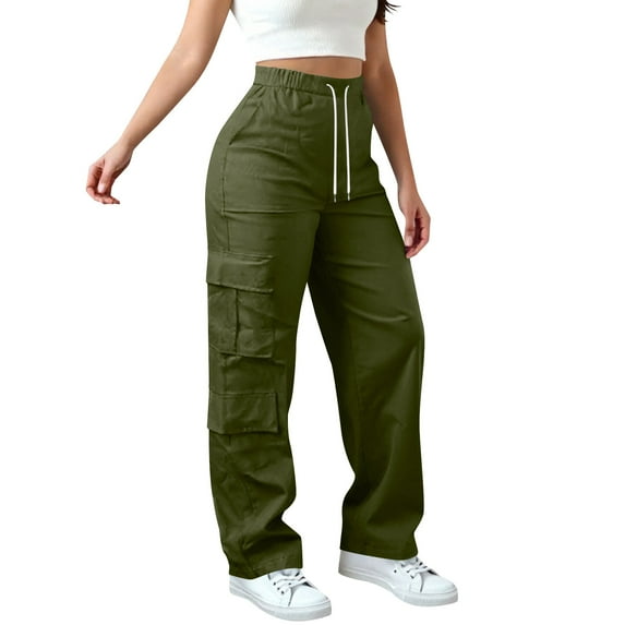 MaFYtyTPR Cargo Pants for Women Women's Solid Color Casual Straight Leg Button Pocket Loose Work Pants Army Green L