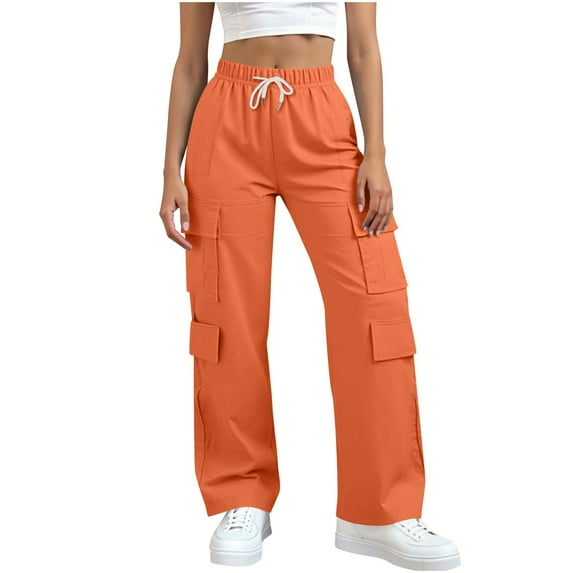 MaFYtyTPR Cargo Pants for Women Women's Solid Color Casual Straight Leg Elastic Waist Drawstring Pocket Loose Work Pants B-Orange XL