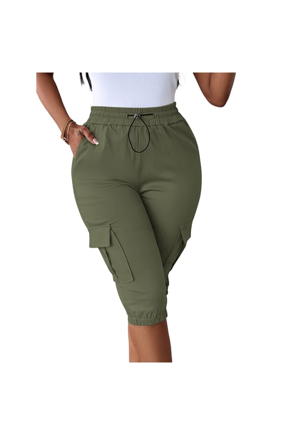 Casual Cargo Capris for Women Elastic High Waisted Drawstring Knee Length Pants with Flap Pockets for Summer Daily Wear Army Green M