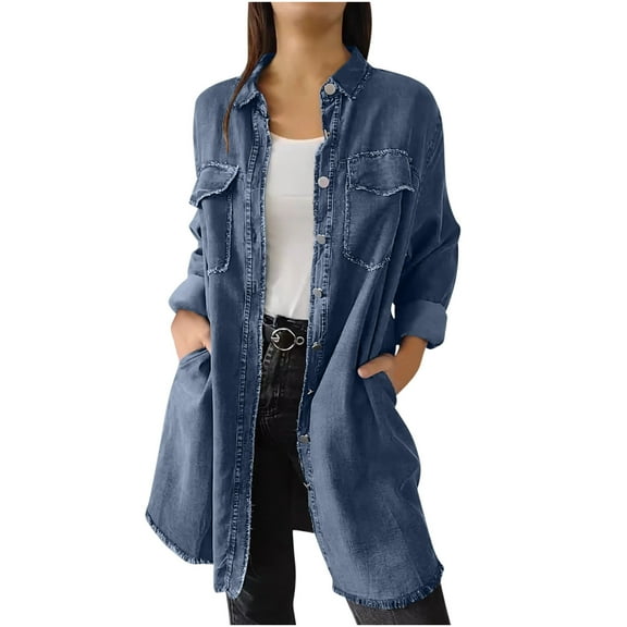 MaFYtyTPR Casual Denim Jacket for Women Women's Solid Color Washed Denim Washing Process Long Outwear Shirt Navy XL