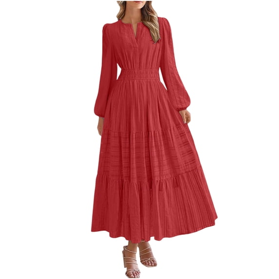 MaFYtyTPR Casual Dresses for Women Fashion Ladies Solid Color Long Sleeve V-Neck Elastic Waist Pleated Maxi Dress A-Red XXL