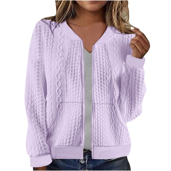 MaFYtyTPR Casual Jacket for Women Fashion Hoodless Loose Long Sleeve Zipper Solid Color Sweatshirt Outwear With Pocket Purple XXL