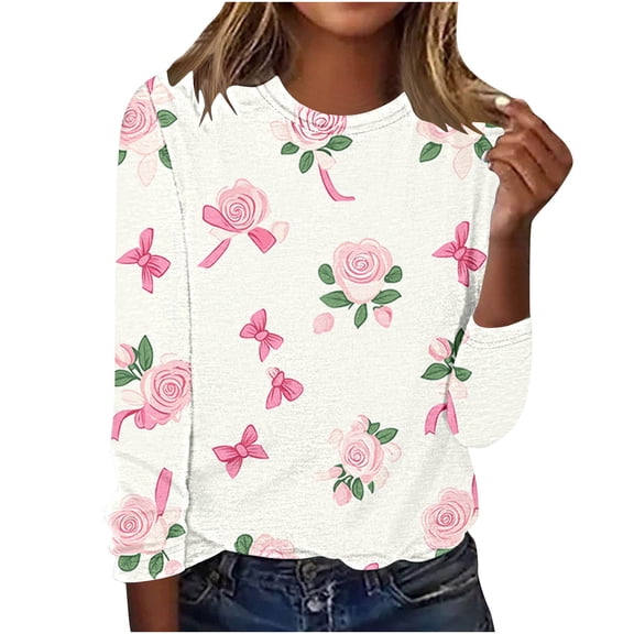 MaFYtyTPR Casual Printed Tops for Women Fashion Round Neck Long Sleeve Printing Loose T-Shirt Comfy Versatile Blouse
