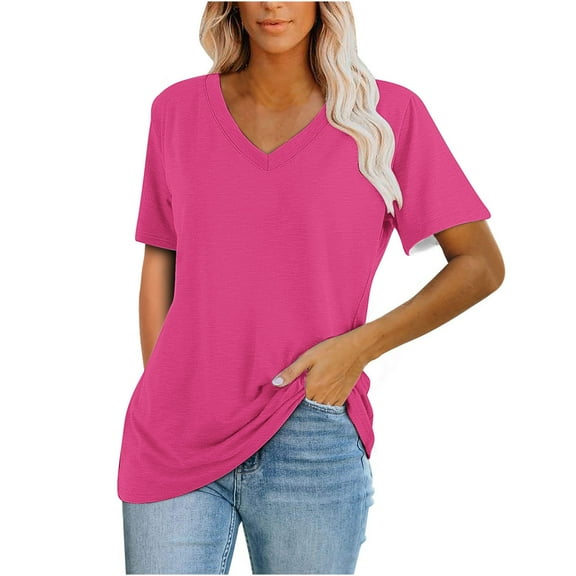 MaFYtyTPR Casual T-shirts for Women Solid Color Loose Fit V-neck Short Sleeve Comfortable Top Hot Pink L
