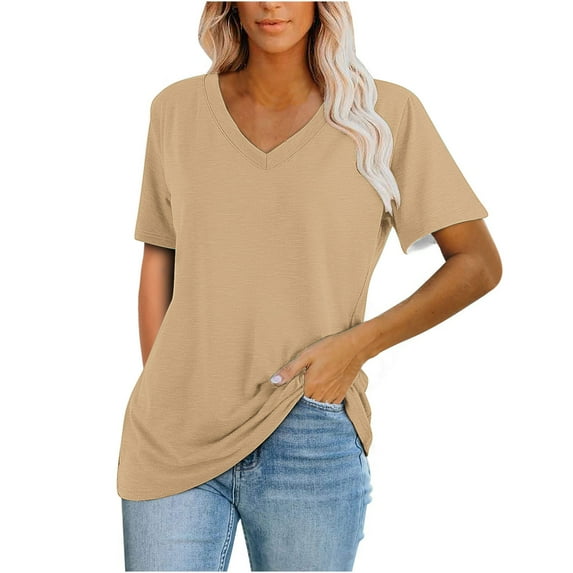 MaFYtyTPR Casual T-shirts for Women Solid Color Loose Fit V-neck Short Sleeve Comfortable Top Khaki S