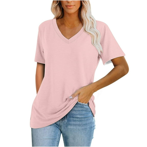 MaFYtyTPR Casual T-shirts for Women Solid Color Loose Fit V-neck Short Sleeve Comfortable Top Pink M