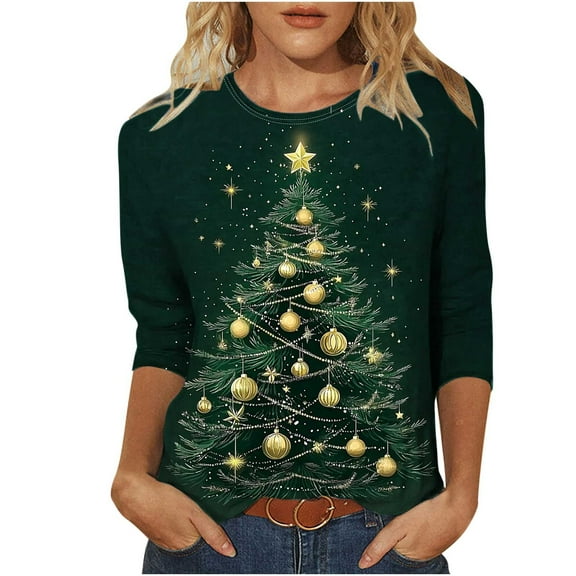 MaFYtyTPR Christmas Clothes for Women Fashion Women's Casual Christmas Tree Printed Round Neck 3/4 Sleeve T-shirt Green M