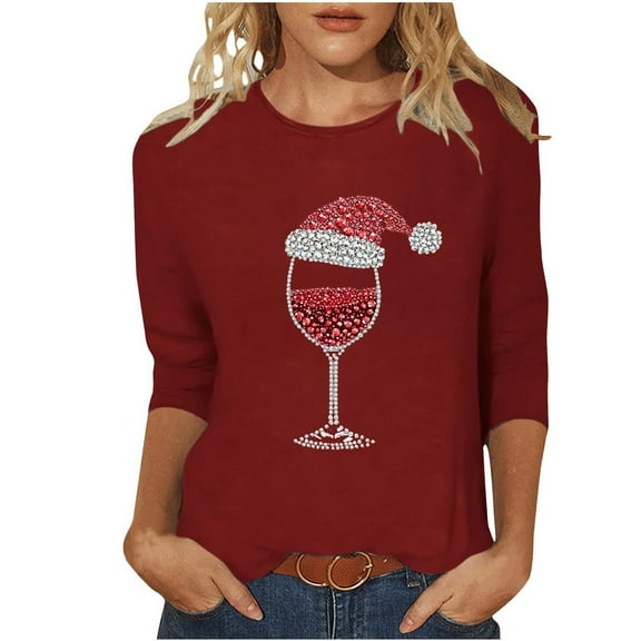 MaFYtyTPR Christmas Printed Tops for Women Ladies Fashion Rhinestone Goblet Round Neck Three-quarter Sleeve Loose Casual Blouse Wine M