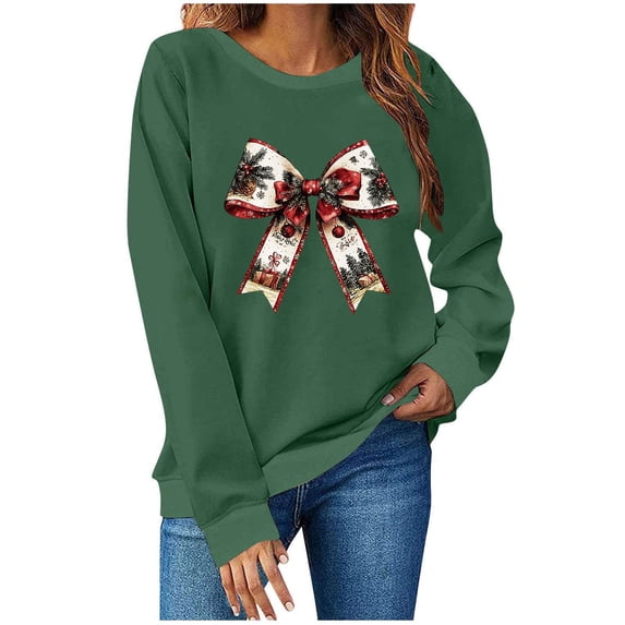MaFYtyTPR Christmas Sweatshirt for Women Fashion Printed Long Sleeve Round Neck Loose Pullover Sweatshirts Top Army Green L