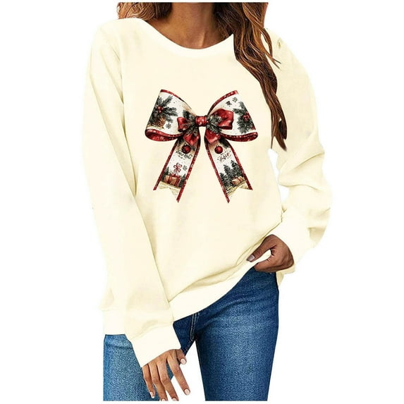 MaFYtyTPR Christmas Sweatshirt for Women Fashion Printed Long Sleeve Round Neck Loose Pullover Sweatshirts Top Beige L