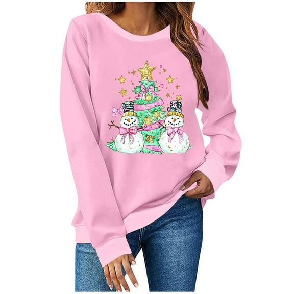 MaFYtyTPR Christmas Sweatshirt for Women Ladies Fashion Printed Crew Neck Long Sleeve Pullover Loose Comfy Blouse Pink S