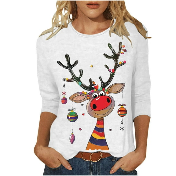 MaFYtyTPR Christmas Tops for Women Fashiable Casual Festival Printing 3/4 Sleeve Crew Neck Loose Comfy T-shirt Top