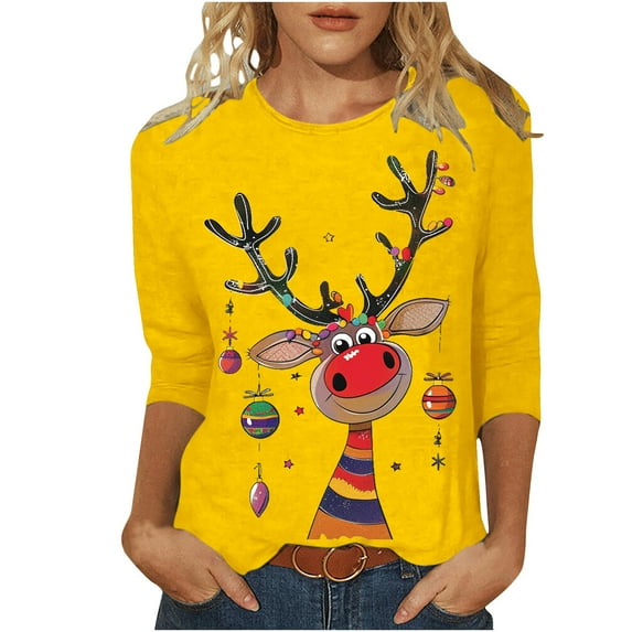 MaFYtyTPR Christmas Tops for Women Fashiable Casual Festival Printing 3/4 Sleeve Crew Neck Loose Comfy T-shirt Top