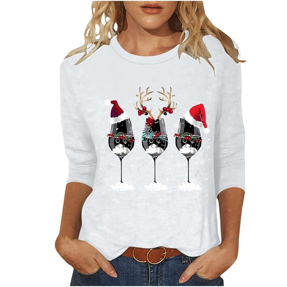 MaFYtyTPR Christmas Women's 3/4 Sleeve Tops Fashion Casual Round Neck Printed Pullover Comfy 3/4 Sleeve Loose T-shirts White S