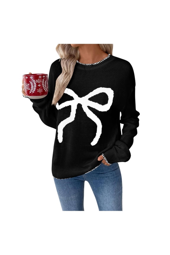 Christmas Women's Kinnted Sweaters Fashion Ladies Cute Loose Knit Sweater With Bow Detail And Embroidery Black L